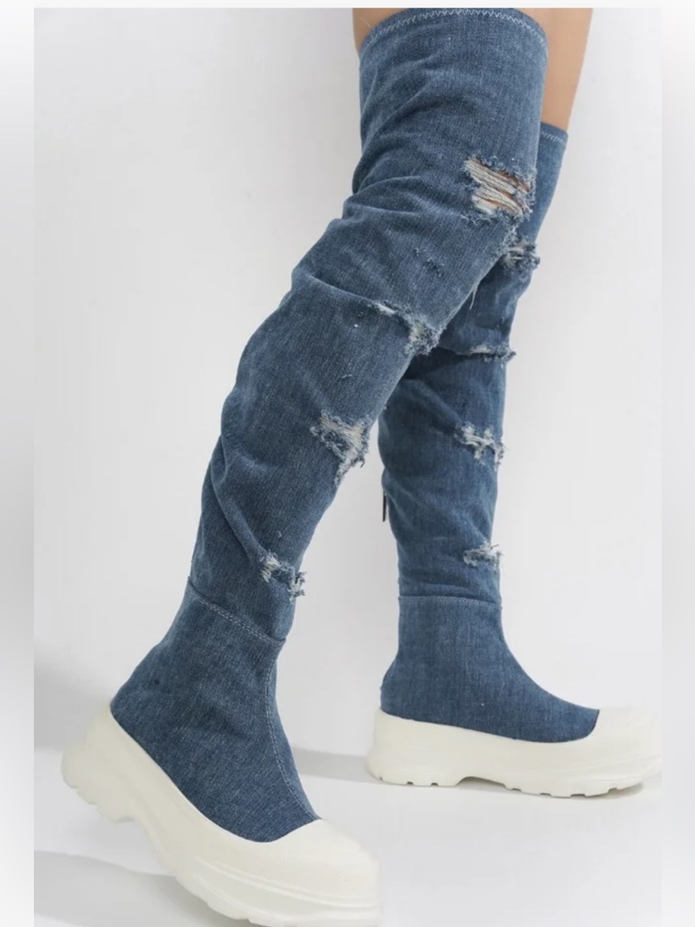 Cape Robbin Women’s Distressed Denim OTK Sock Boots w/White Platform Sz 7 NWB